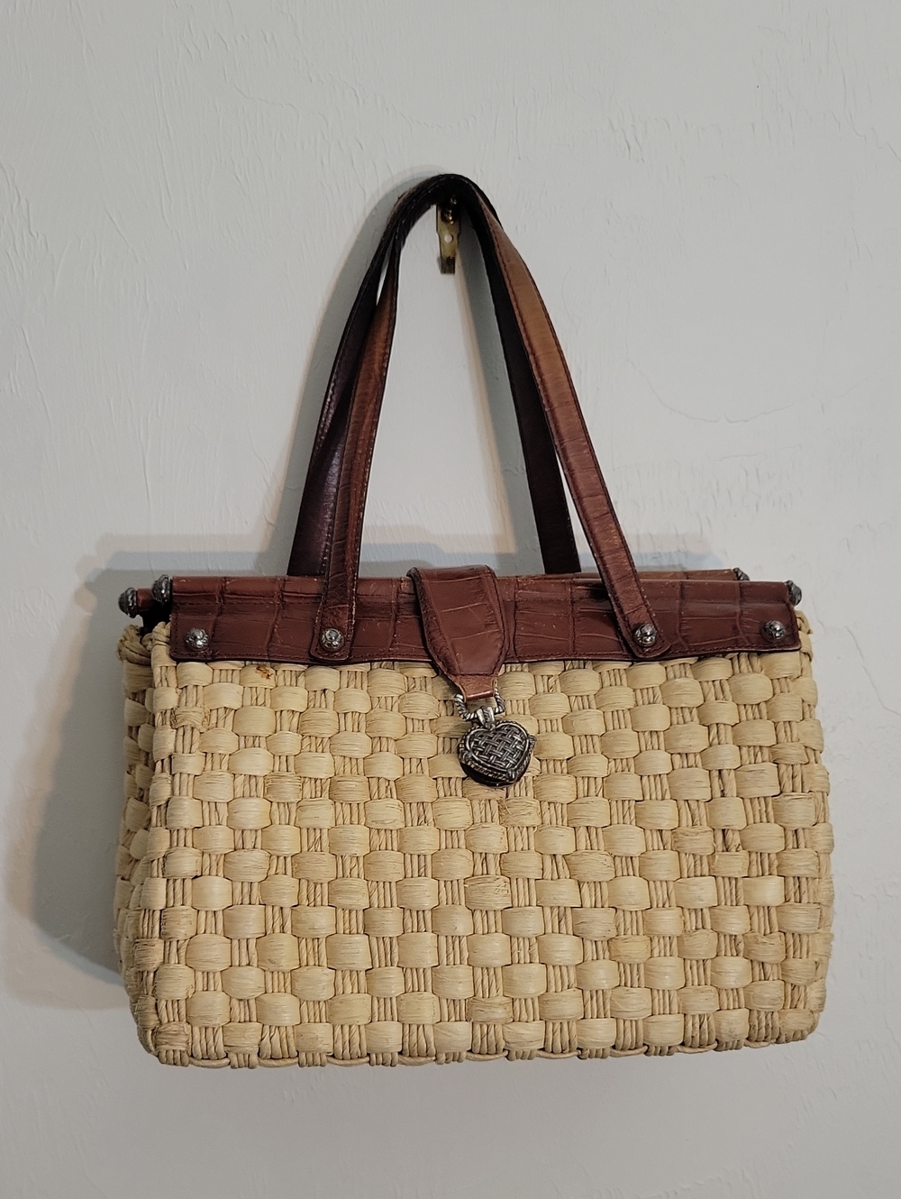 Vintage Brighton Beige Woven Tote with Brown Leather Trim